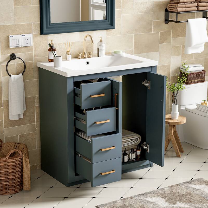 30" Bathroom Vanity with Ceramic Sink - Solid Wood Frame, 3 Drawers & 2 Soft-Close Doors - Modern Freestanding Storage Cabinet