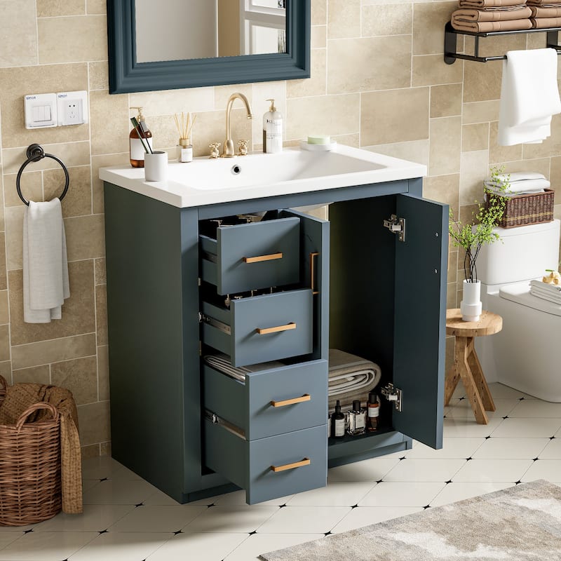 Modern 30" Bathroom Vanity with Ceramic Sink, 3 Drawers & Soft Closing Doors, Solid Wood Frame Cabinet