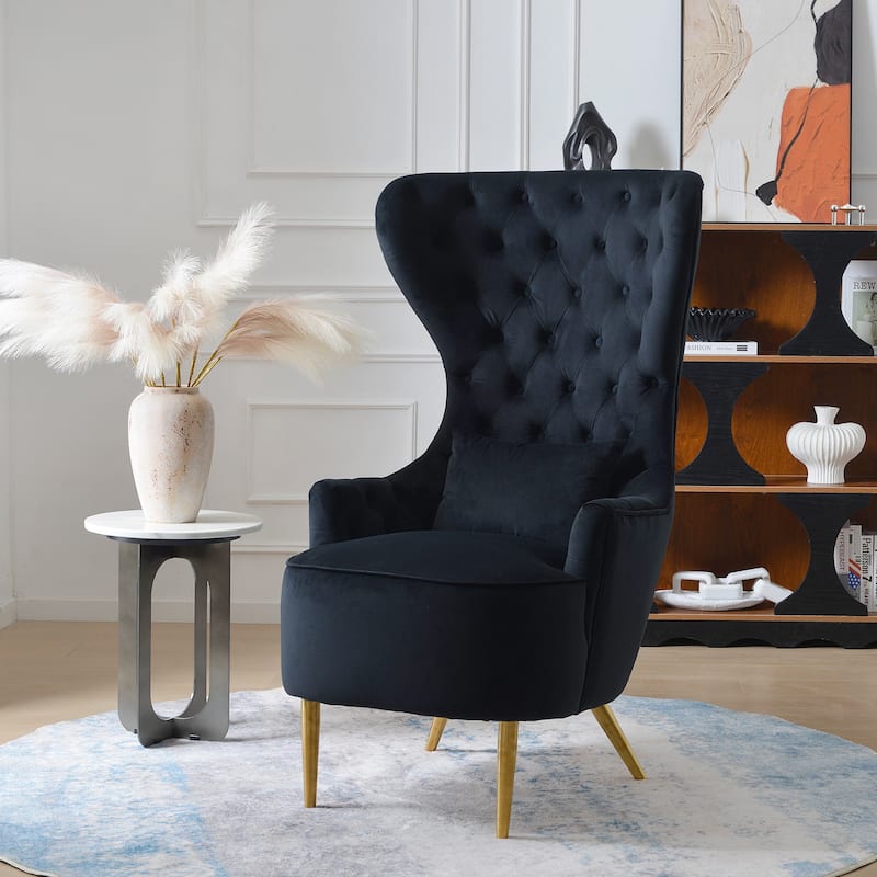 KINWELL Upholstered Tufted Velvet High Wingback Accent Chair - Black