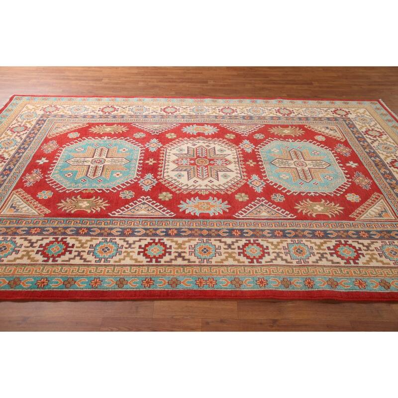 Geometric Kazak Living Room Area Rug Hand-Knotted Wool Carpet - 6'8" x 10'3"