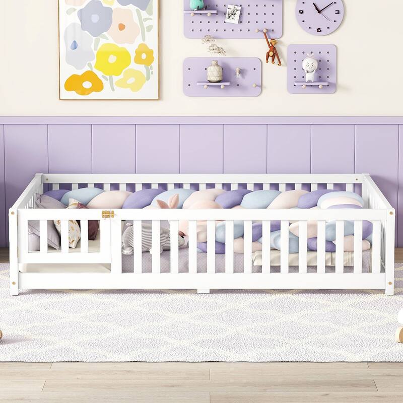 Floor Bed Frame with Safety Guardrails and Door for Kids