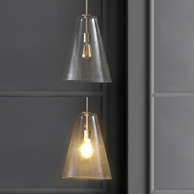 Hayes 11.5" 1-Light Mid-Century Modern Iron/Seeded Glass LED Pendant, Nickel/Clear by JONATHAN Y
