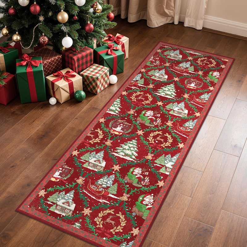 Mcow Christmas Motif Low-Pile Non-Slip Machine-Washable Area Rug