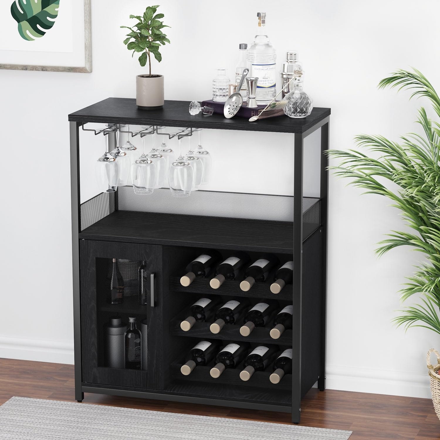 Wine Bar Cabinet with Detachable Rack Small Sideboard and Buffet Mesh Door - 13.8