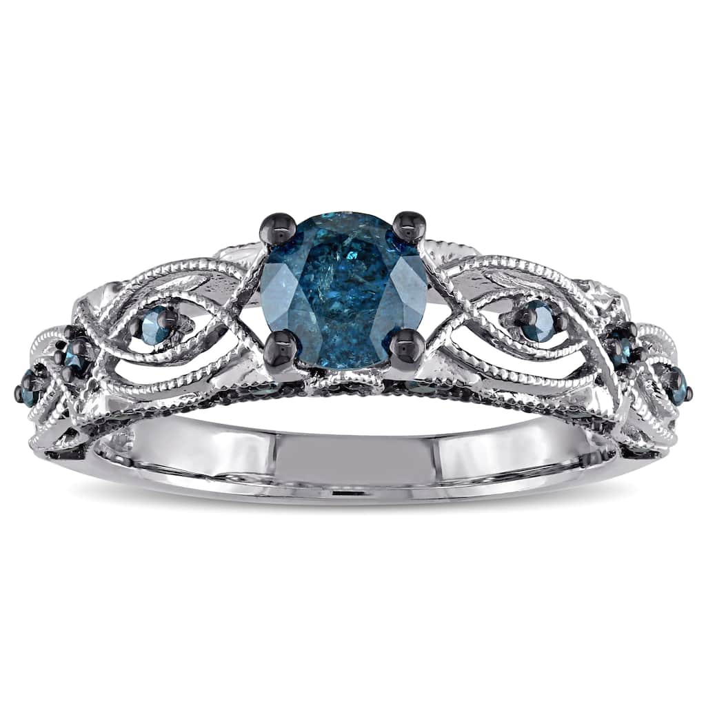 Miadora 10k White Gold 4/5ct TDW Blue Diamond Vintage Filigree Engagement Ring