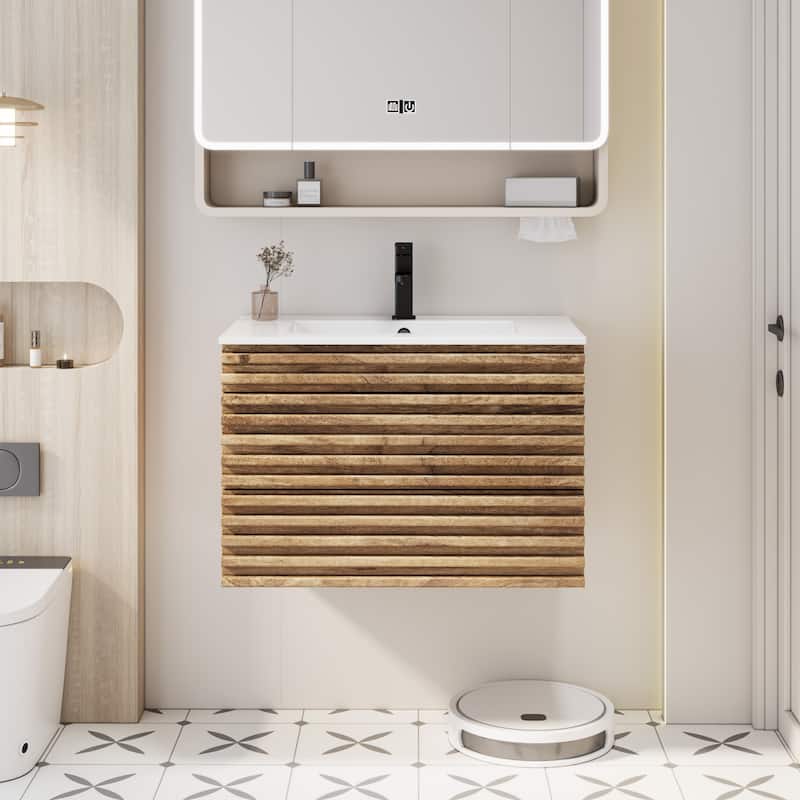 Bathroom Vanity with Drop-In Ceramic Sink Wall-Mounted Storage Cabinet - 30" - 30"Natural