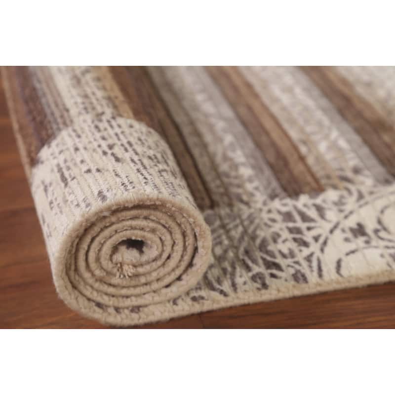 Beige Striped Abstract Accent Rug Handmade Oriental Wool Carpet - 2'9"x 5'0"