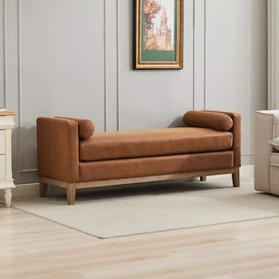 66.34"W Elegant Upholstered Bench, Daybed, Ottoman with Wood Legs & 2 Bolster Pillows for End of Bed, Bedroom, Living Room