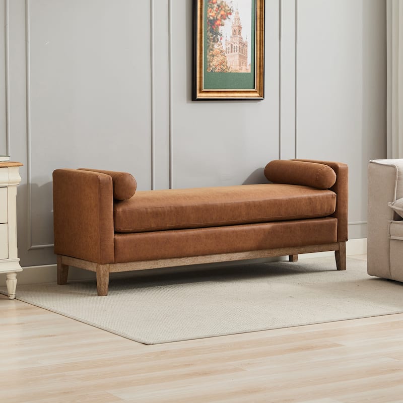 66.34"W Upholstered Bench, End of Bed Bench Ottoman with Wood Legs & 2 Bolster Pillows for Bedroom, Entryway - Brown