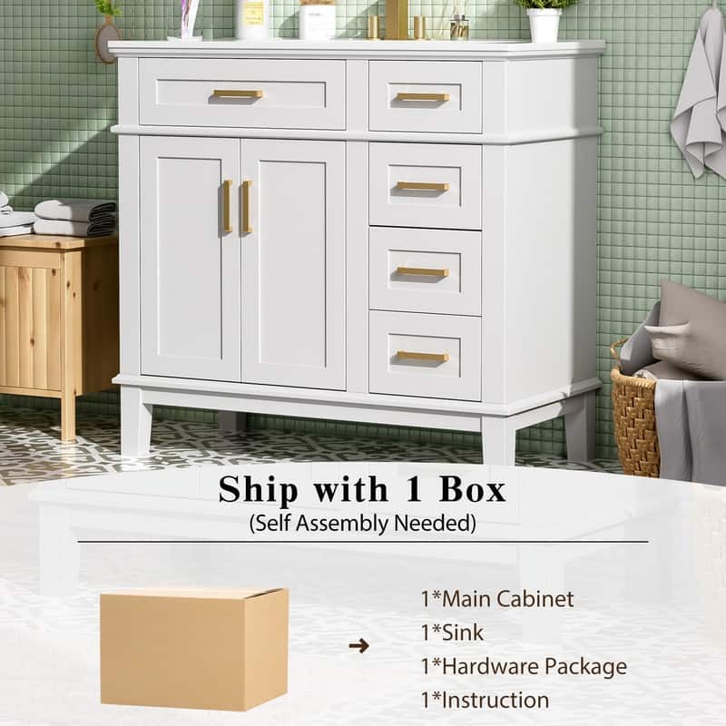 36" Modern Bathroom Vanity with Ceramic Sink, Soft Close Doors, 4 Drawers for Storage