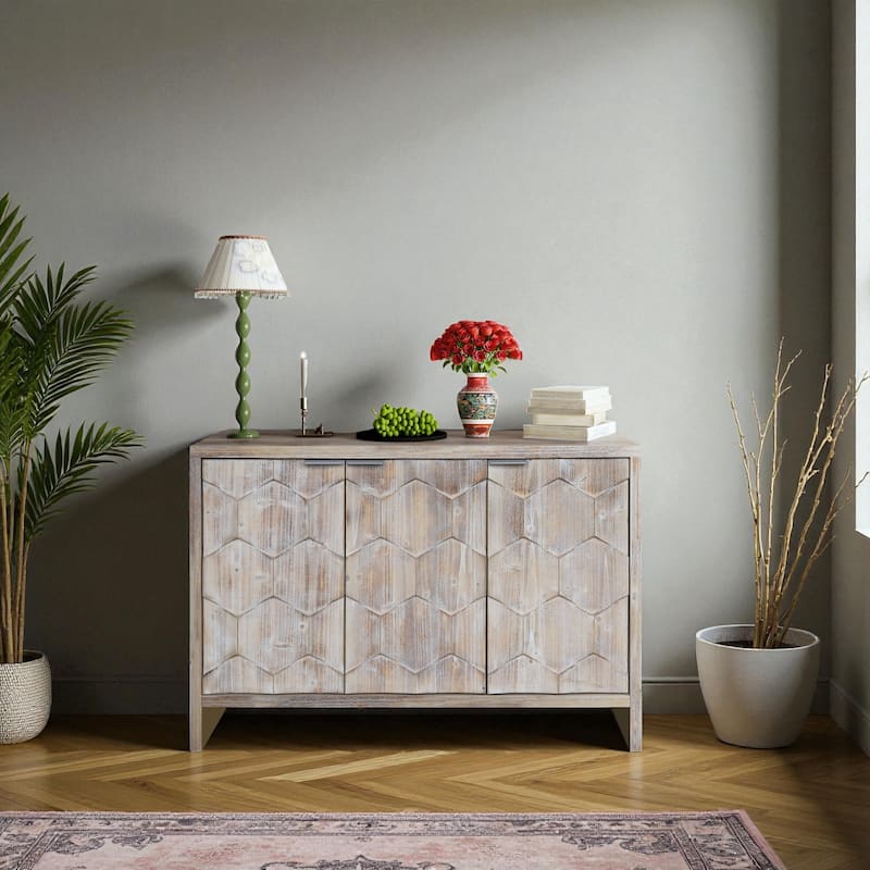 46" Farmhouse 3-Door Accent Sideboard Buffet with Adjustable Shelves, Solid Wood & MDF Storage Cabinet