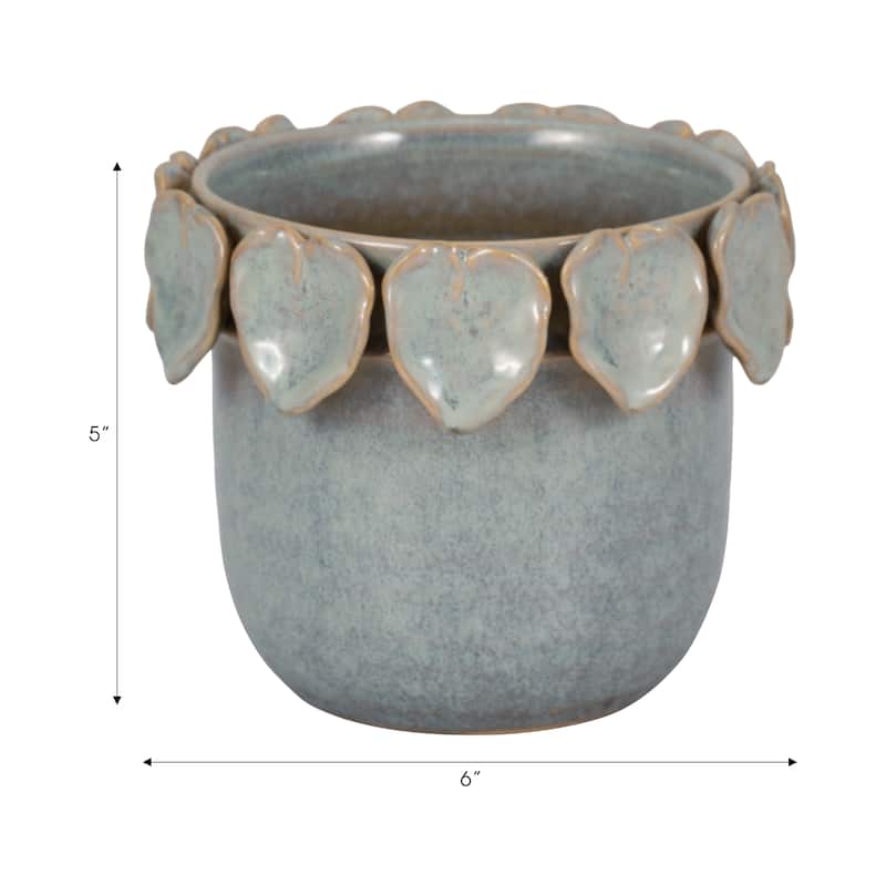 Stoneware Ceramic Planter Handcrafted Sculpted Leaf Embellishments