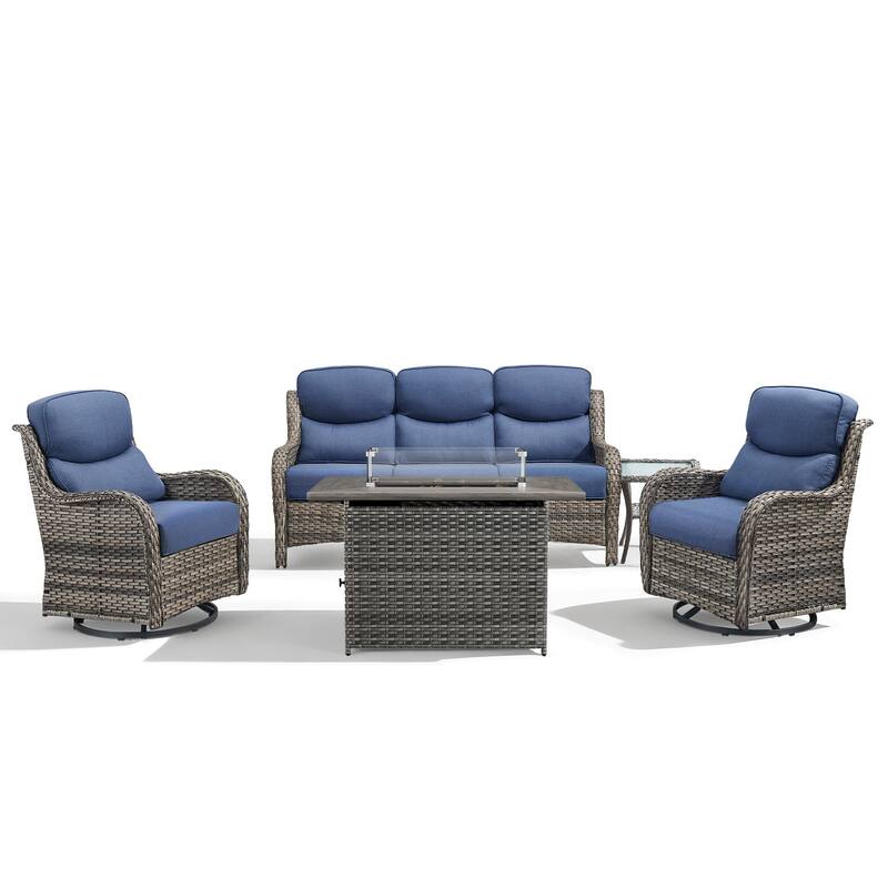 Meyreso 5-Piece Outdoor Patio Wicker Fire Pit Conversation Set with 5-Inch Thick Olefin Cushions