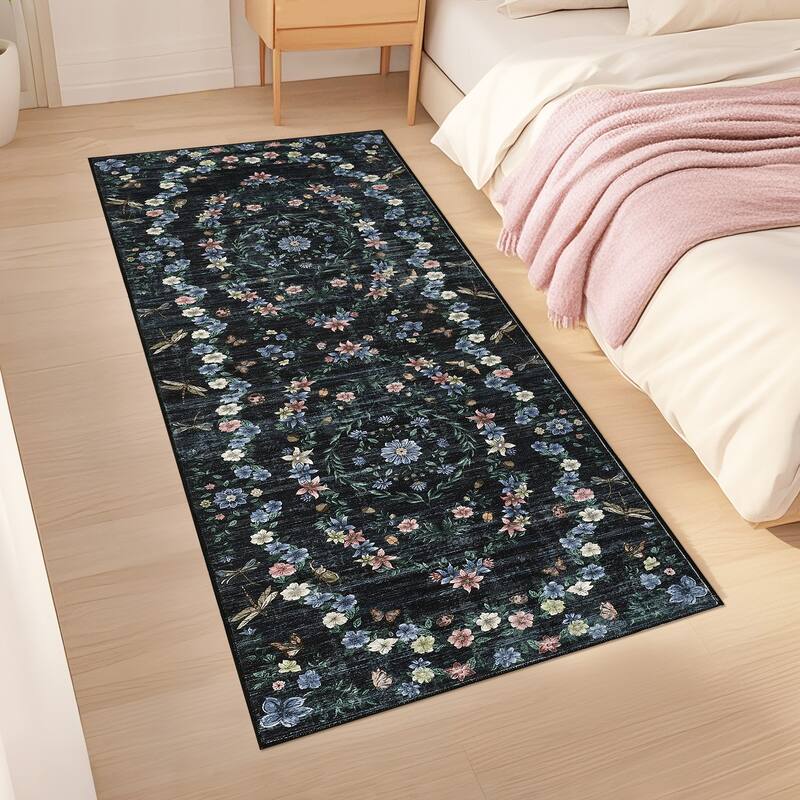 Modern Insect Botanical Pattern Area Rug Floral Print Rug Non-Slip Low Pile Soft Accent Carpet for Living Room Bedroom