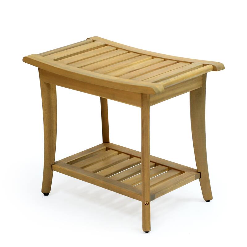 Tucker 22.1" Slatted Acacia Wood Indoor/Outdoor Shower Bench w/ Shelf & Handle, By JONATHAN Y - 22.1L x 12.99W x 18.5H - Light Teak
