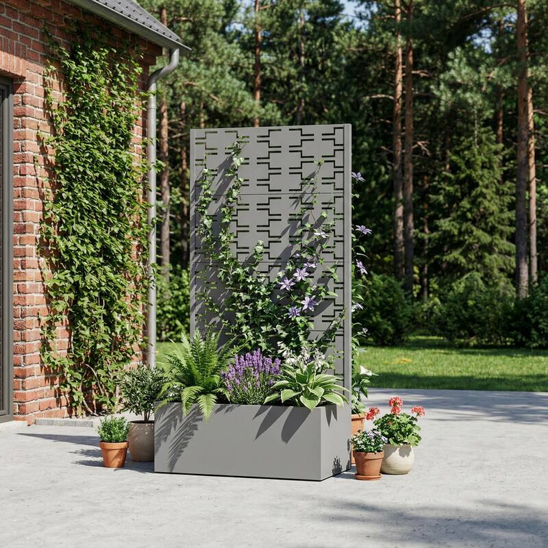 Metal Galvanized Planter Box with Trellis Privacy Screen Lockable Wheels