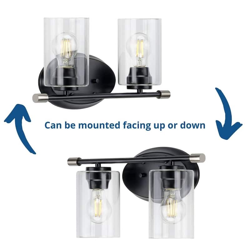 Riley Collection Two-Light Matte Black Clear Glass Modern Bath Vanity Light - 16.125 in x 5.5 in x 8.25 in