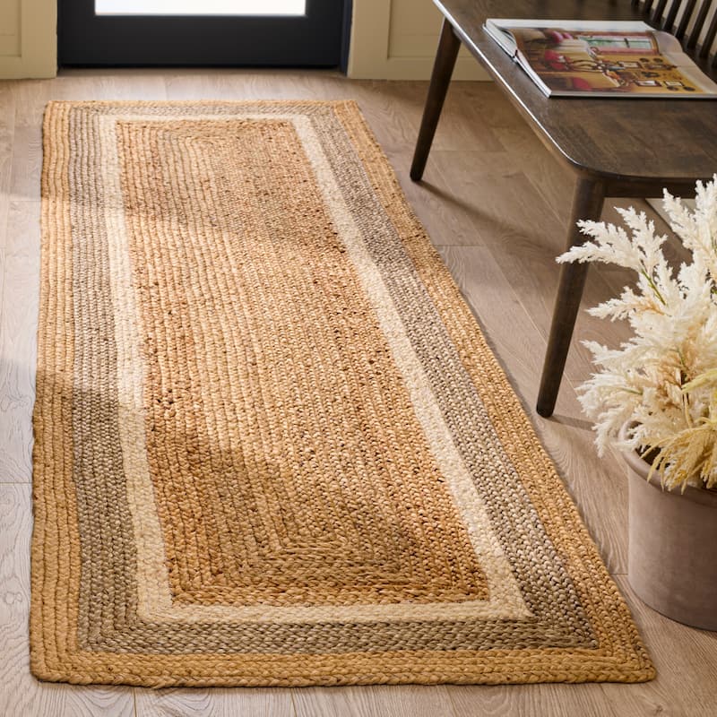 SAFAVIEH Handmade Natural Fiber Antonije Border Jute Rug - 2'3" x 18' Runner - Natural/Grey/Ivory