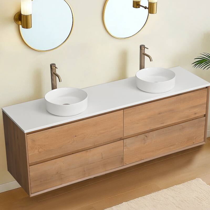 72" Floating Bathroom Vanity Quartz Counter Top with Double Ceramic Vessel Sink - Square Sink
