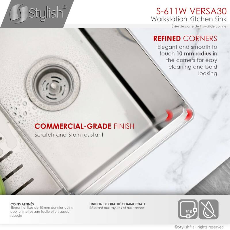 STYLISH 30 inches Workstation Single Bowl Undermount 16 Gauge Stainless Steel Kitchen Sink with Built in Accessories