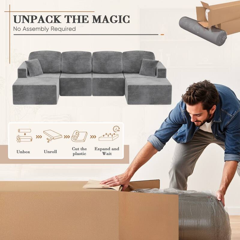 126" Modular Sectional Sofa, U Shaped Cloud Couches for Living Room, Upholstered Boneless Couch with Ottoman