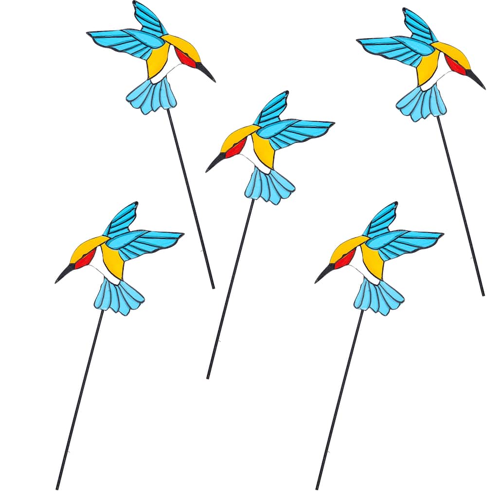 7" Iron Colorful Hummingbird on 10" Planter or Garden Floral Stake, Set of 5
