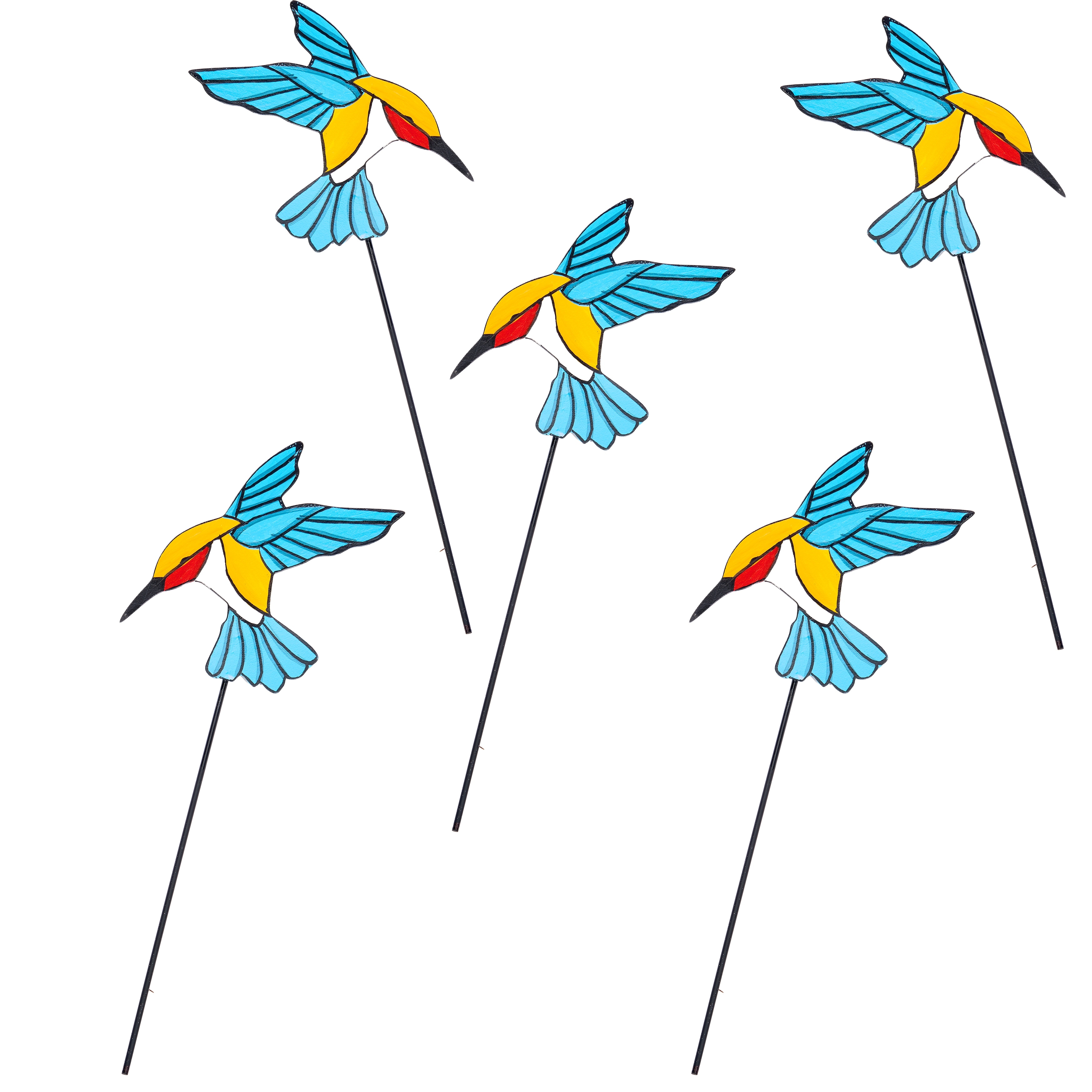 7" Iron Colorful Hummingbird on 10" Planter or Garden Floral Stake, Set of 5