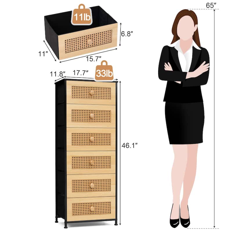 6 Drawers Chest - Vertical Storage Tower Steel / Wood / Fabric Dresser