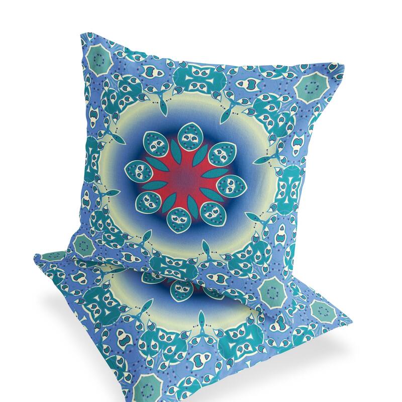 HomeRoots Set of Two 16" X 16" Blue and Green Blown Seam Floral Indoor Outdoor Throw Pillow - 16.00' X '16.00' X '5.00