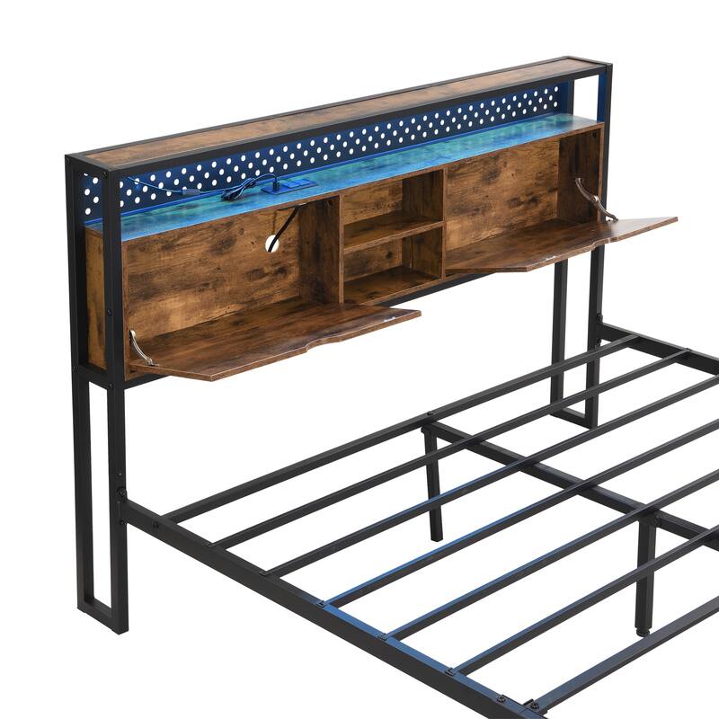 Modern Metal Platform Bed with Wooden Headboard, LED Lights, USB Charging & Under-Bed Storage