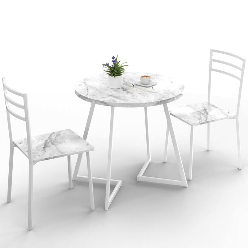 VECELO Round Dining Table, Metal Frame Dining Chairs, Modern Dining Table and Chairs Set for 2-4 People, 3 Options - Dining Table Set - Marble White