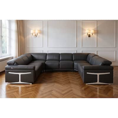 HomeRoots Dark Gray Italian Leather Power Reclining U Shaped Eight Piece Corner Sectional With Console