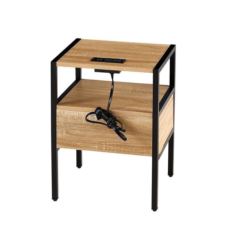 Rattan End Table with Drawer and Metal Legs