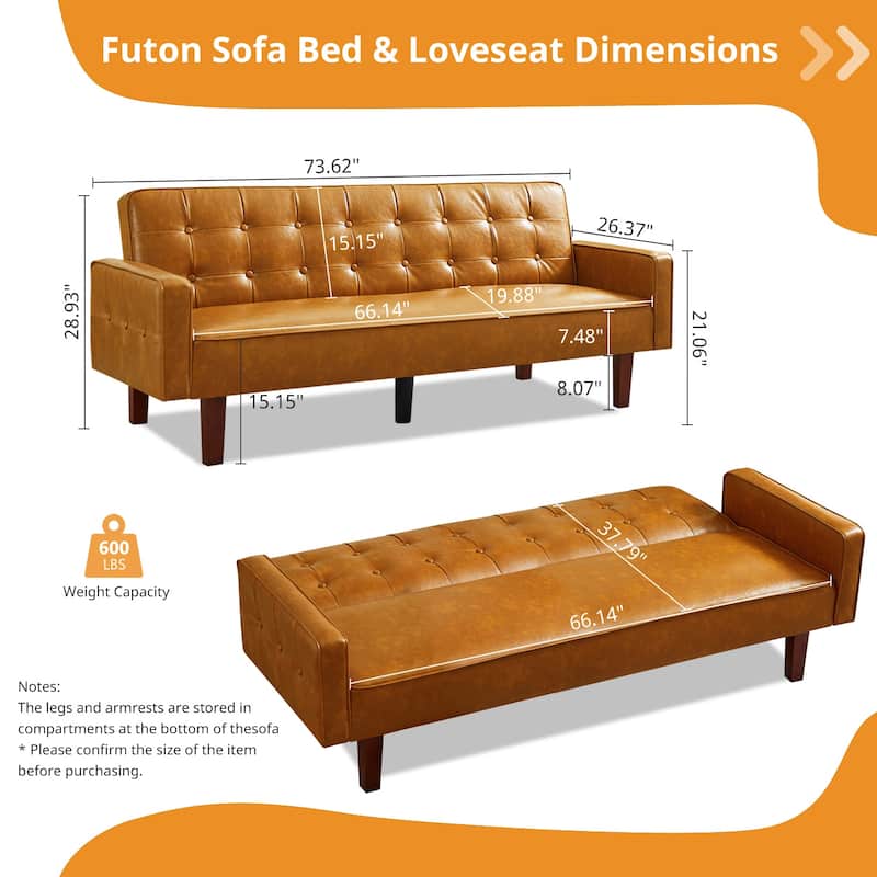 Mid-Century 74” in PU Leather Futon Sofa Bed, Button Tufted Sofa 3-Seat for Living Room Bedroom