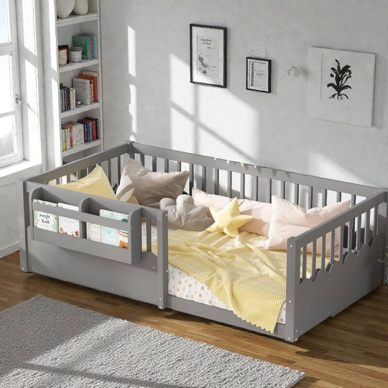 Twin Floor Bed with Heightened Fence and Bookshelf, Wooden Montessori Floor Bed for Kids, Low Profile Design