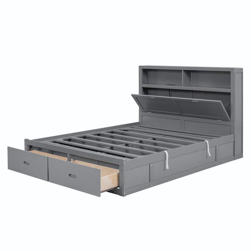 Wood Full Size Hydraulic Platform Bed with Storage LED Headboard