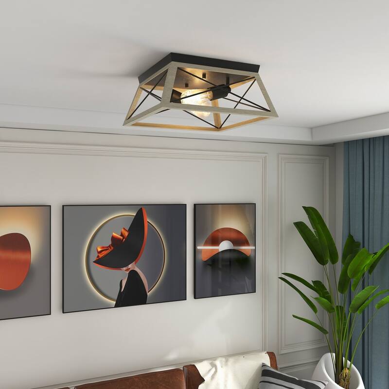 2-Light Black Metal and Wood Flush Mount