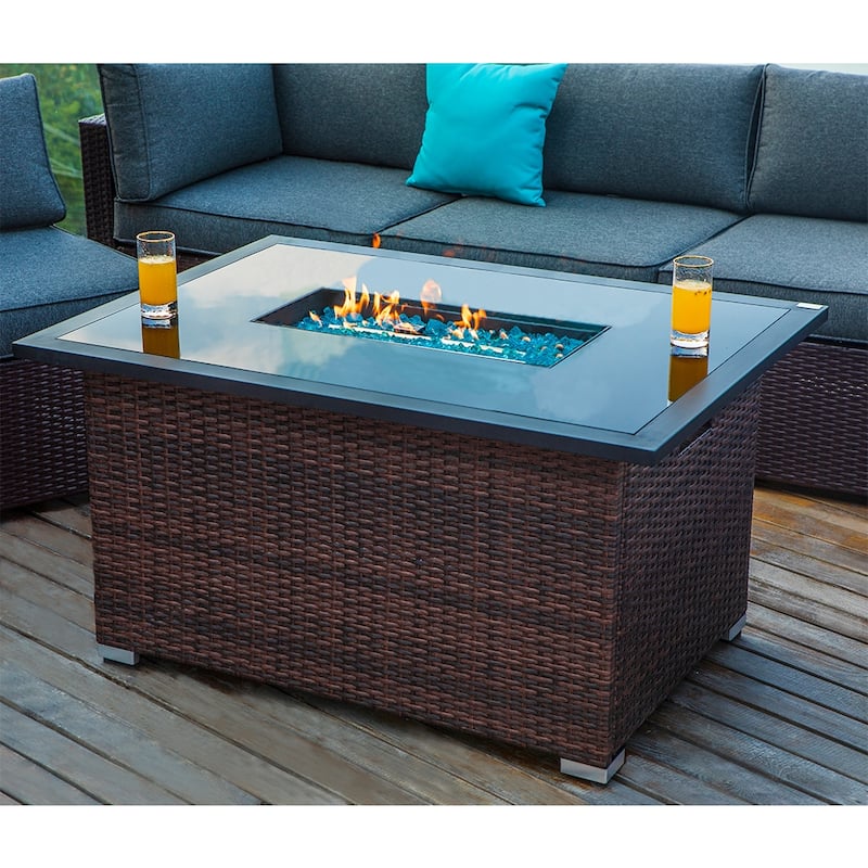 COSIEST Outdoor Propane Rectangle Wicker Fire Table - Brown