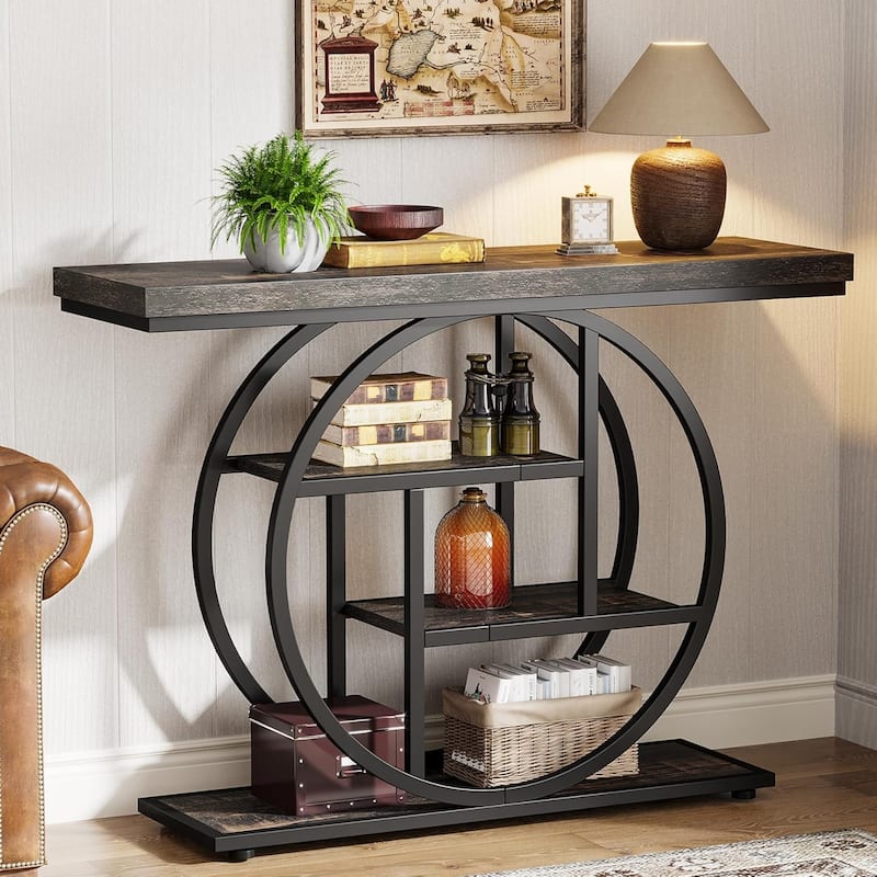 41.3" Console Table, Industrial 4-Tier Entryway Table with Circle Base - 41.3" W x 11.8" D x 31.5" H - Charcoal Black