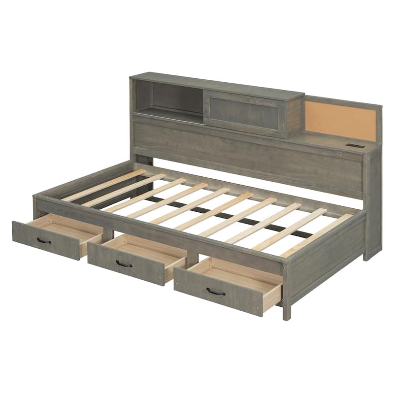 Twin Size Daybed with 3 Storage Drawers and Upper Soft Board, Versatile Wooden Sofa Bed Frame w/a Set of Sockets & USB Ports