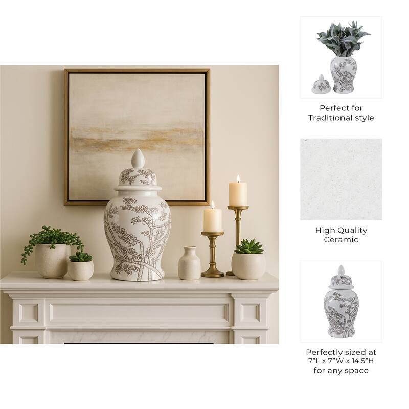 Decorative Ceramic Cherry Blossom Temple Jar with Lid - White & Brown