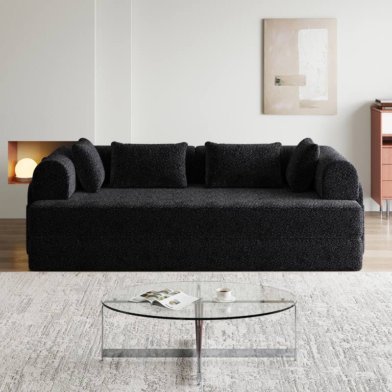Roomfitters 78.7" Convertible Chenille Sofa Bed, Folding Sleeper Couch with Cylindrical Pillow and Side Pocket, Lounge Sofa - Black