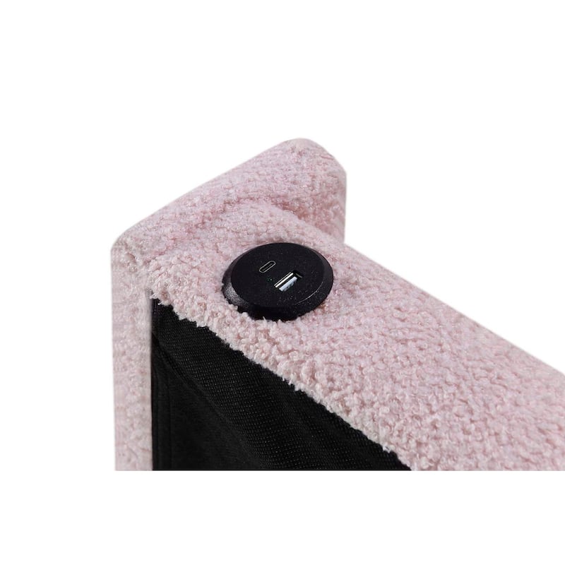 Baby Pink Modern Twin Size Upholstered Bed with Trundle and USB