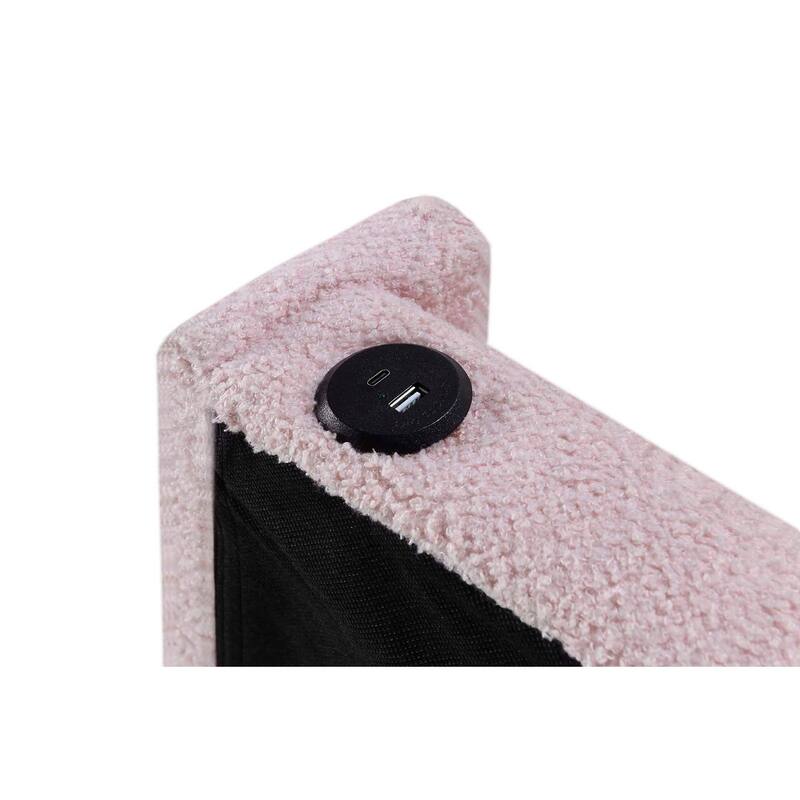 Pink Twin Upholstered Bed Frame with Trundle, USB Charging & Storage Pockets, Boucle Fabric