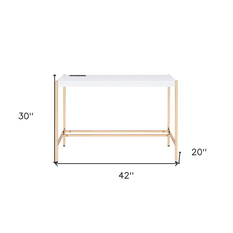 Wood Writing Desk with Gold Metal Base and Built In USB Port