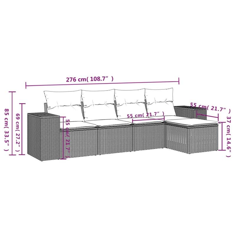 vidaXL 5/6 Piece Patio Sofa Set with Cushions Gray/Brown/Black Poly Rattan - 21.7" x 24.4" x 27.2"