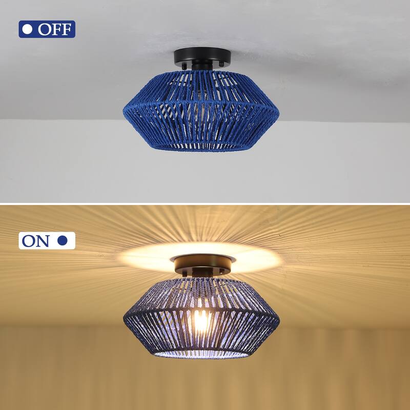 1-Light Farmhouse Style Classic Semi Flush Mount Chandelier, Hand-Woven Semi-Flush Mount Ceiling Light with Drum Shade