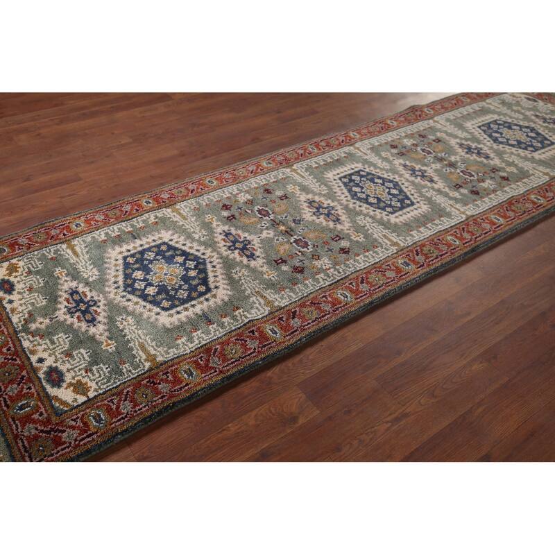 Green Geometric Viss Oriental Runner Rug Handmade Wool Carpet - 2'6"x 8'1"