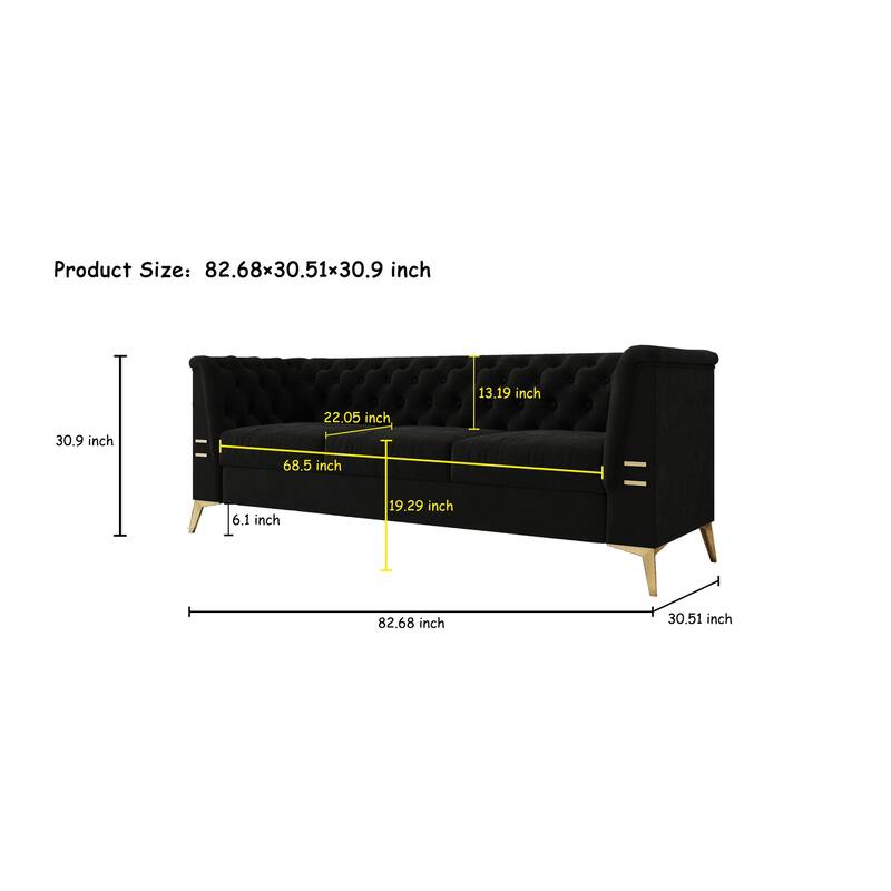 82'' Modern Velvet 3-Seater Couch with Tufted Design and Gold Metal Legs