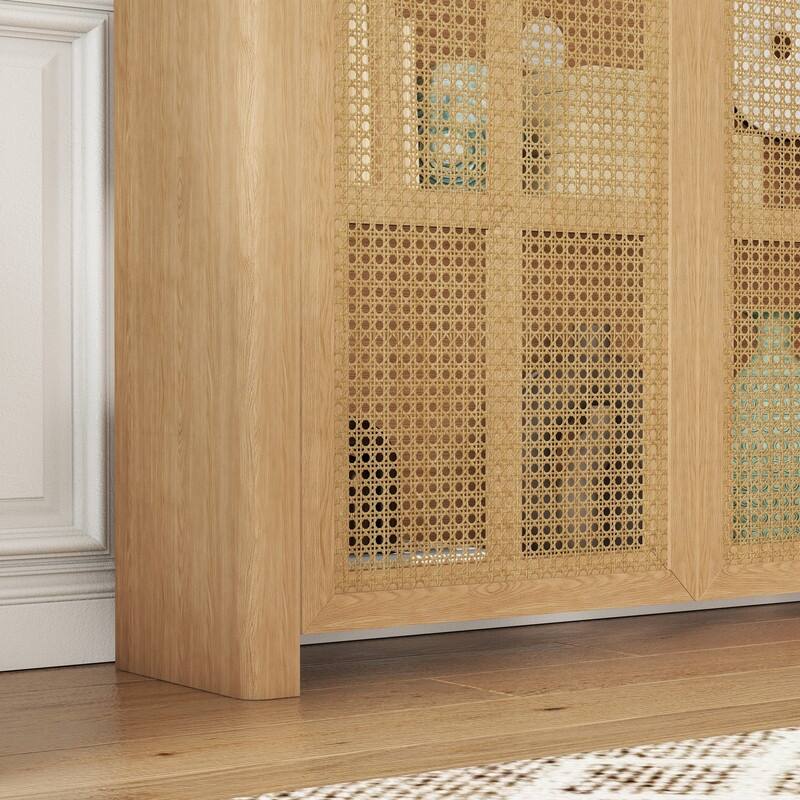 Mid Century Modern 63" Wide 2 - Cane Rattan Door Storage Sideboard, Retro Wine Bar Credenza for Living Room Entryway Kitchen